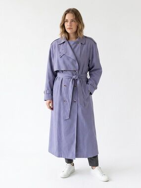 Vtg NWT Luba Paris Periwinkle Blue Maxi Trench Coat Double Breasted, Size 13/14